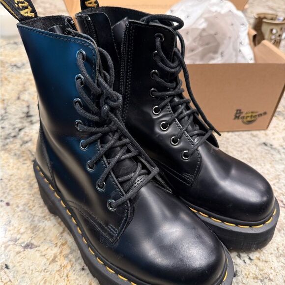 Dr. Martens Black Combat Boots with Yellow Stitching - Picture 1 of 10